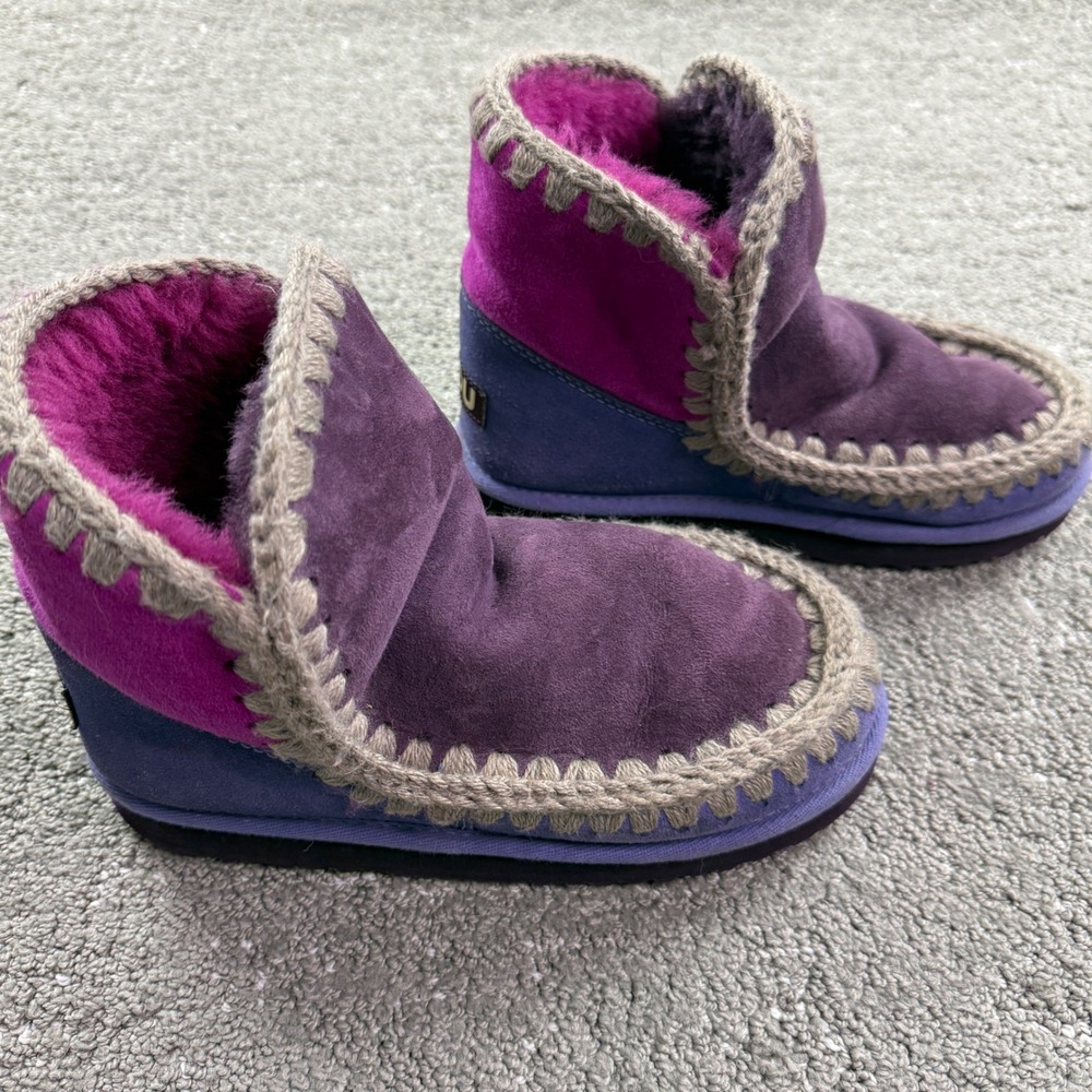 Mou Eskimo Boots Womens 38.5 Purple Suede Sheepskin Crochet Stitch Winter Boho